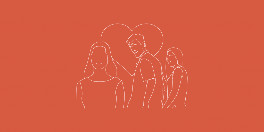 illustration d'un couple. l'homme se retourne pour regarder une autre femme. La femme dans la relation sourit