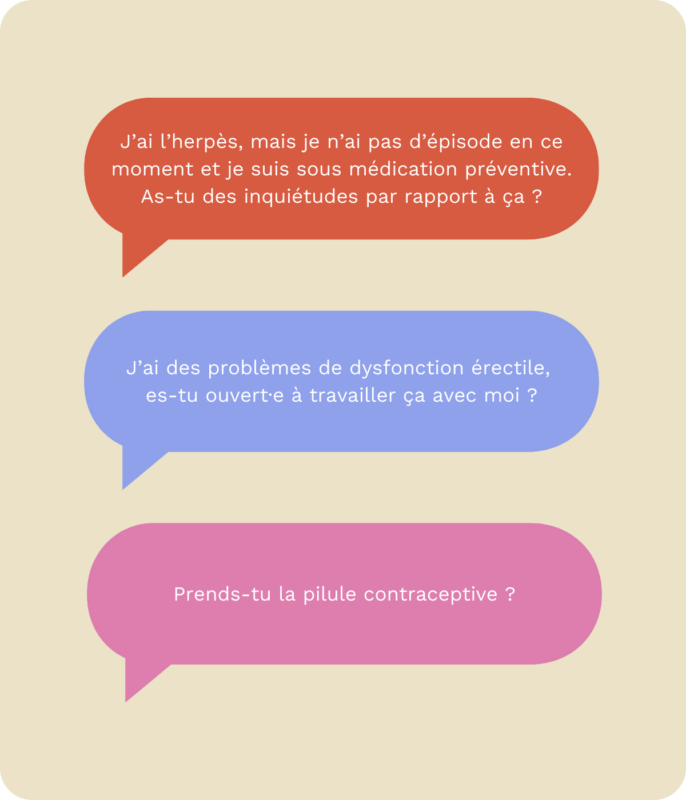 Exemples de questions à poser à tan partenaire par rapport à ton historique sexuel.